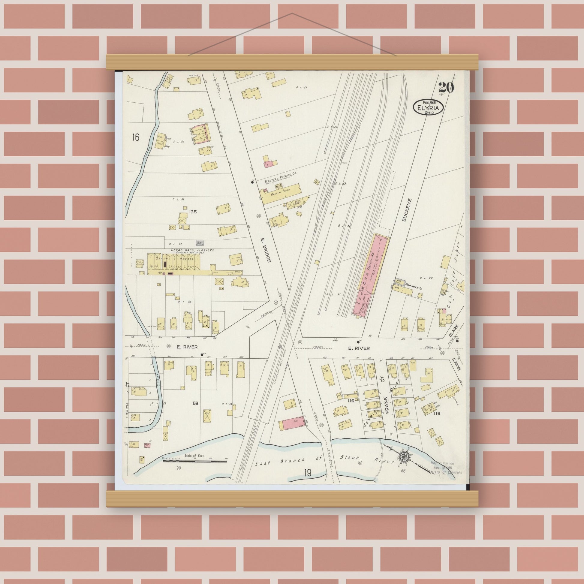 Old map wall art mockup — magnetic wood frame on brick wall — Sanborn Fire Insurance Map from Elyria, Lorain County, Ohio (1915), Sheet #0020