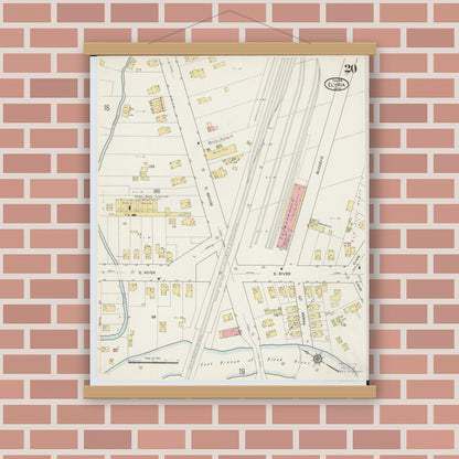 Old map wall art mockup — magnetic wood frame on brick wall — Sanborn Fire Insurance Map from Elyria, Lorain County, Ohio (1915), Sheet #0020