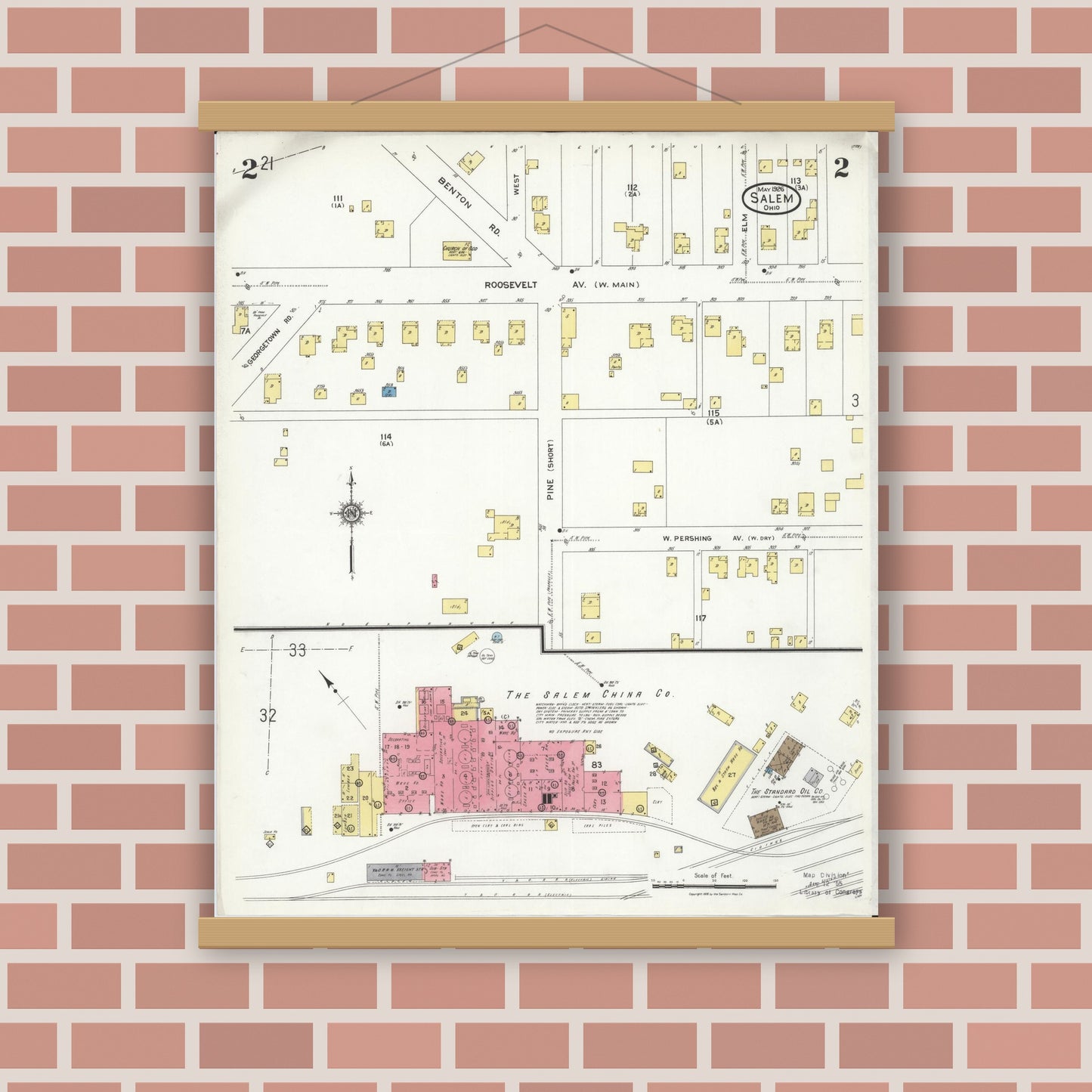Old map wall art mockup — magnetic wood frame on brick wall — Sanborn Fire Insurance Map from Salem, Columbiana County, Ohio (1926), Sheet #0002