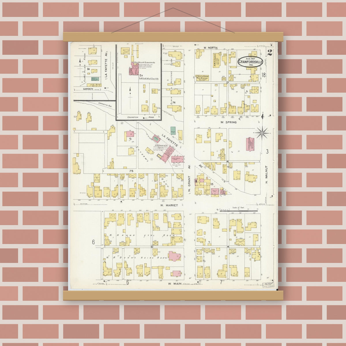 Old map wall art mockup — magnetic wood frame on brick wall — Sanborn Fire Insurance Map from Crawfordsville, Montgomery County, Indiana (1907), Sheet #0002