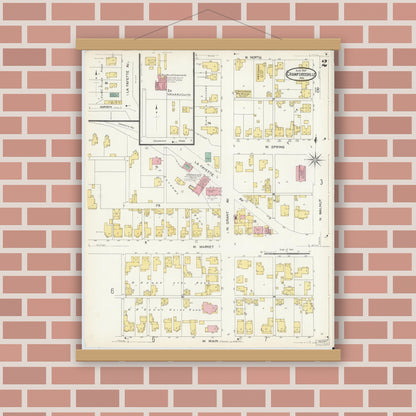 Old map wall art mockup — magnetic wood frame on brick wall — Sanborn Fire Insurance Map from Crawfordsville, Montgomery County, Indiana (1907), Sheet #0002