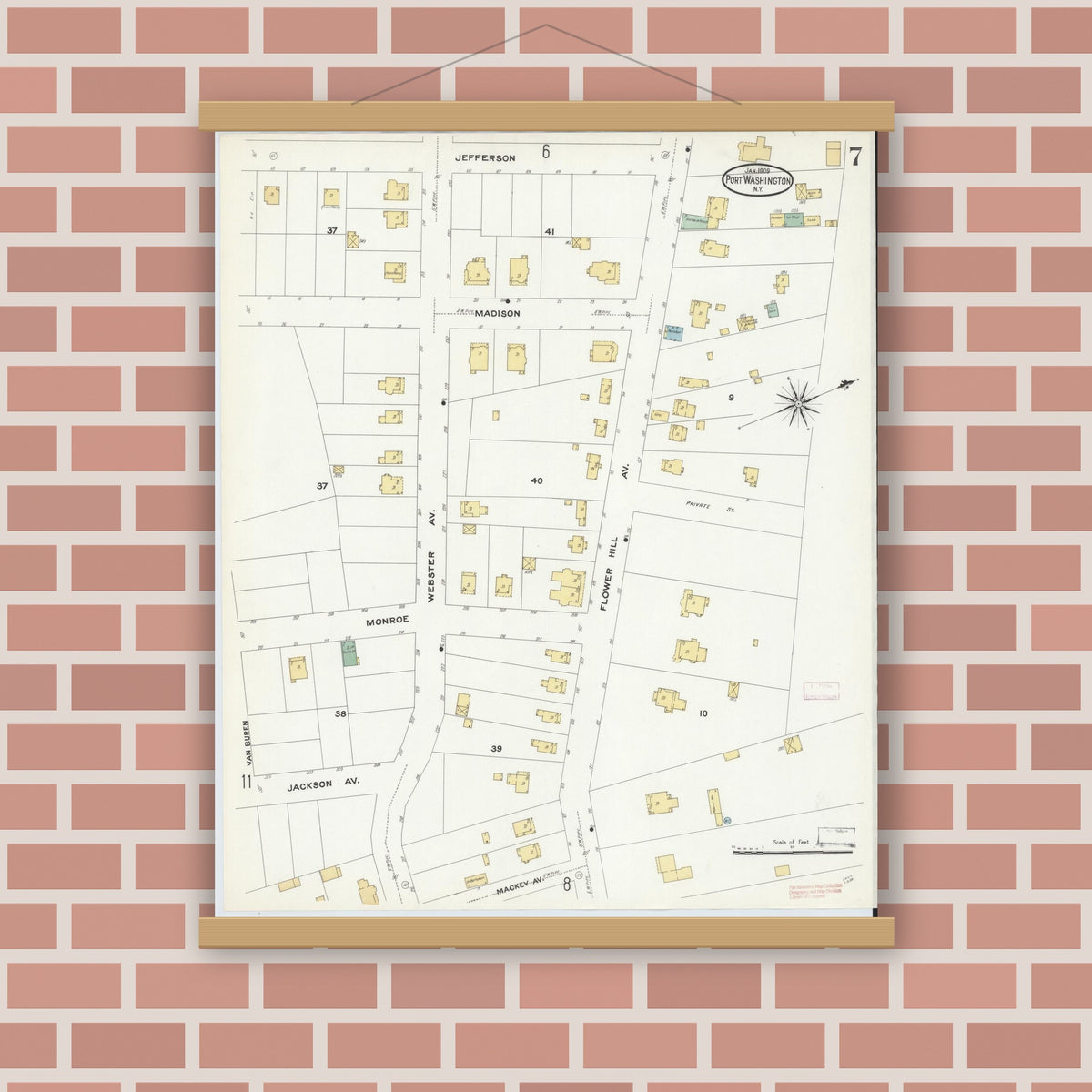 Old map wall art mockup — magnetic wood frame on brick wall — Sanborn Fire Insurance Map from Port Washington, Nassau County, New York (1909), Sheet #0007