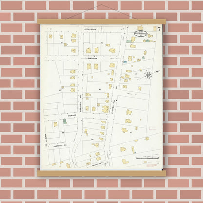 Old map wall art mockup — magnetic wood frame on brick wall — Sanborn Fire Insurance Map from Port Washington, Nassau County, New York (1909), Sheet #0007
