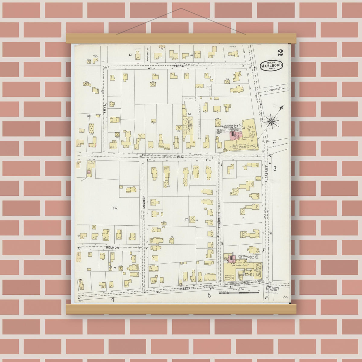 Old map wall art mockup — magnetic wood frame on brick wall — Sanborn Fire Insurance Map from Marlborough, Middlesex County, Massachusetts (1896), Sheet #0002