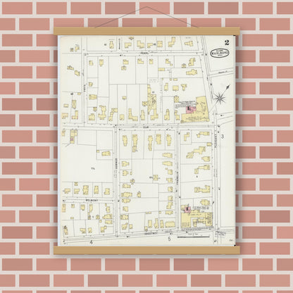 Old map wall art mockup — magnetic wood frame on brick wall — Sanborn Fire Insurance Map from Marlborough, Middlesex County, Massachusetts (1896), Sheet #0002