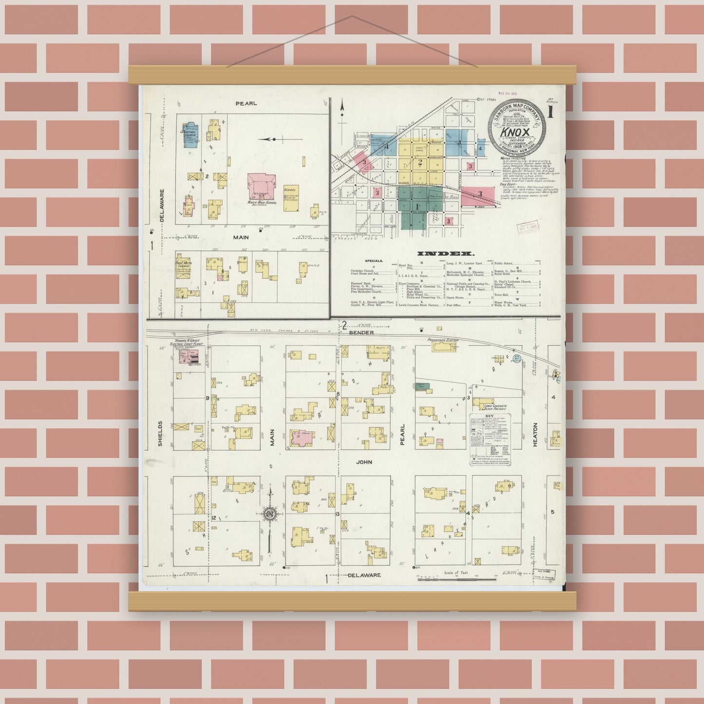 Old map wall art mockup — magnetic wood frame on brick wall — Sanborn Fire Insurance Map from Knox, Starke County, Indiana (1909) - Complete Map Set