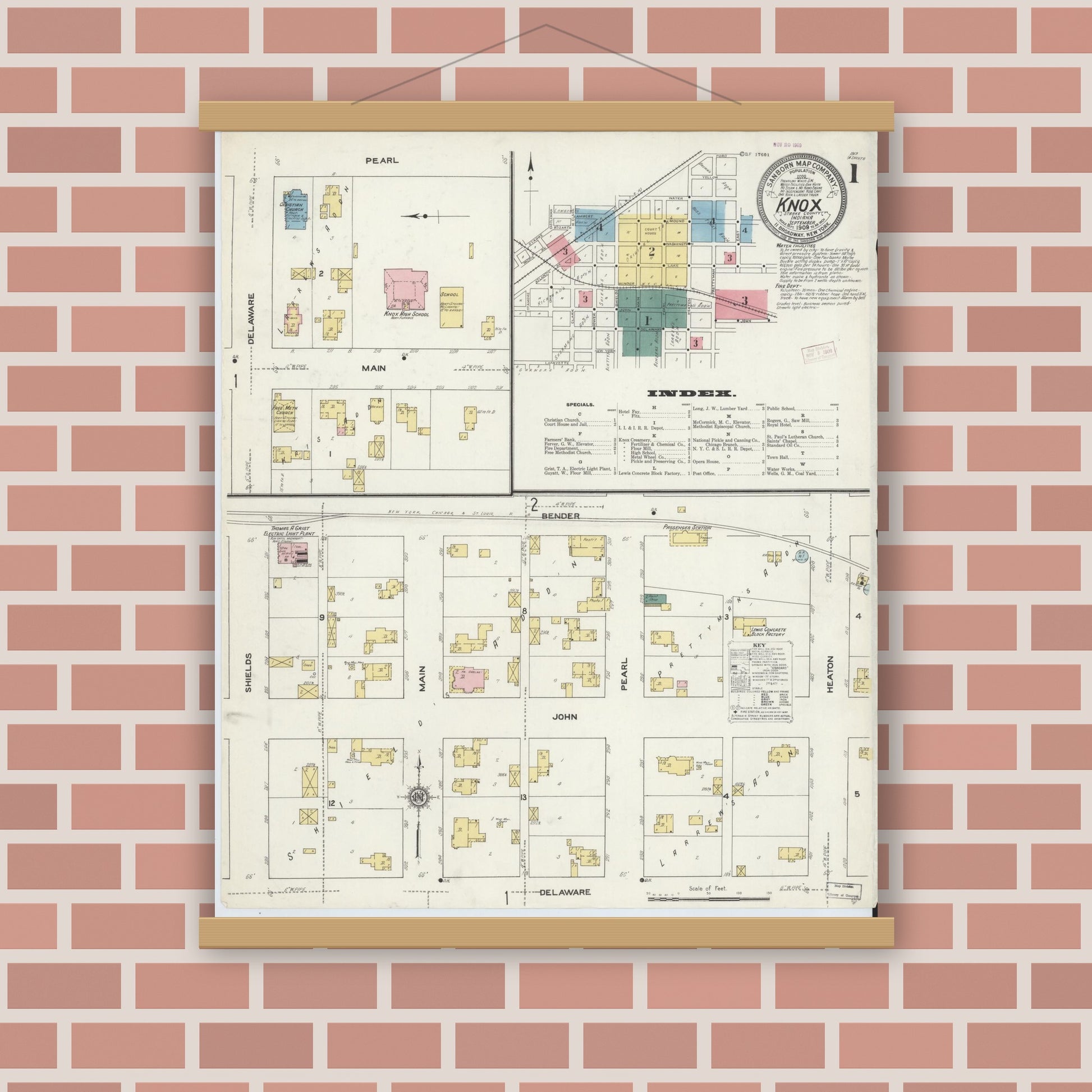 Old map wall art mockup — magnetic wood frame on brick wall — Sanborn Fire Insurance Map from Knox, Starke County, Indiana (1909) - Complete Map Set