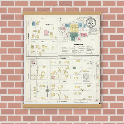 Old map wall art mockup — magnetic wood frame on brick wall — Sanborn Fire Insurance Map from Knox, Starke County, Indiana (1909) - Complete Map Set