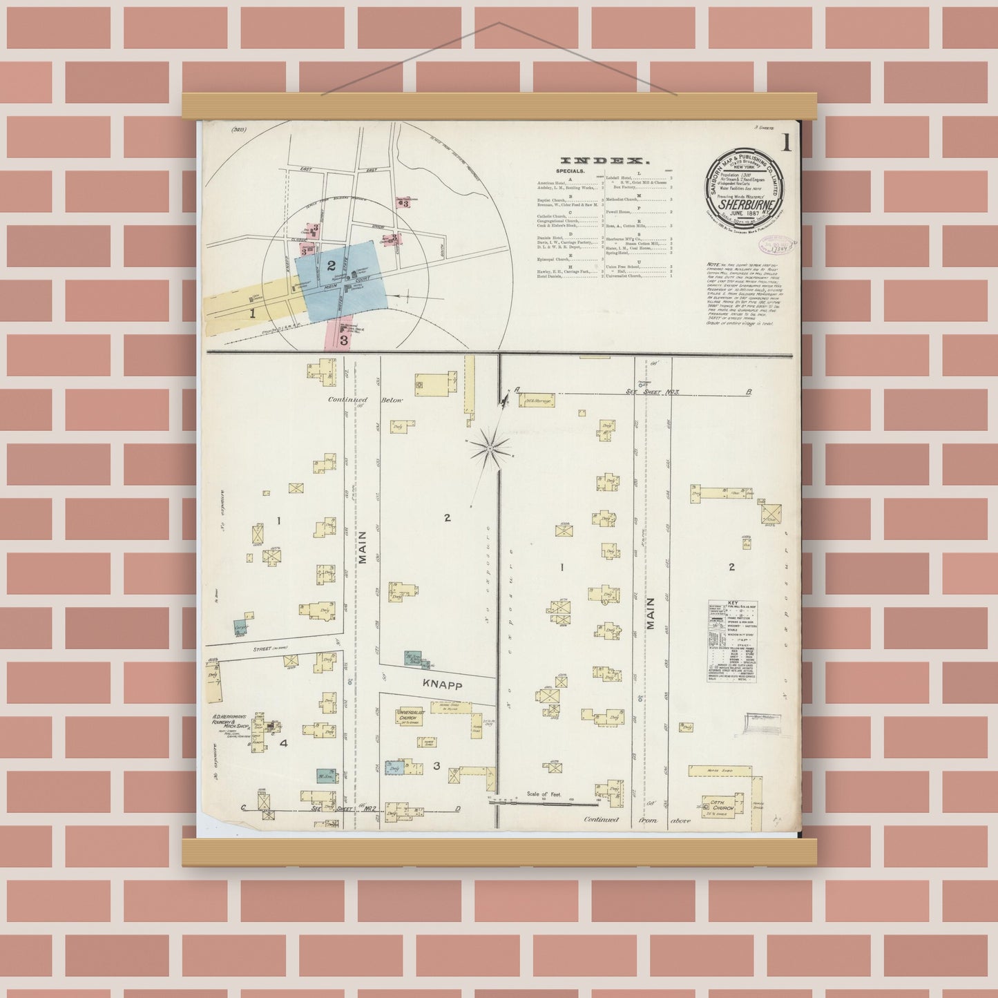 Old map wall art mockup — magnetic wood frame on brick wall — Sanborn Fire Insurance Map from Sherburne, Chenango County, New York (1887), Sheet #0001