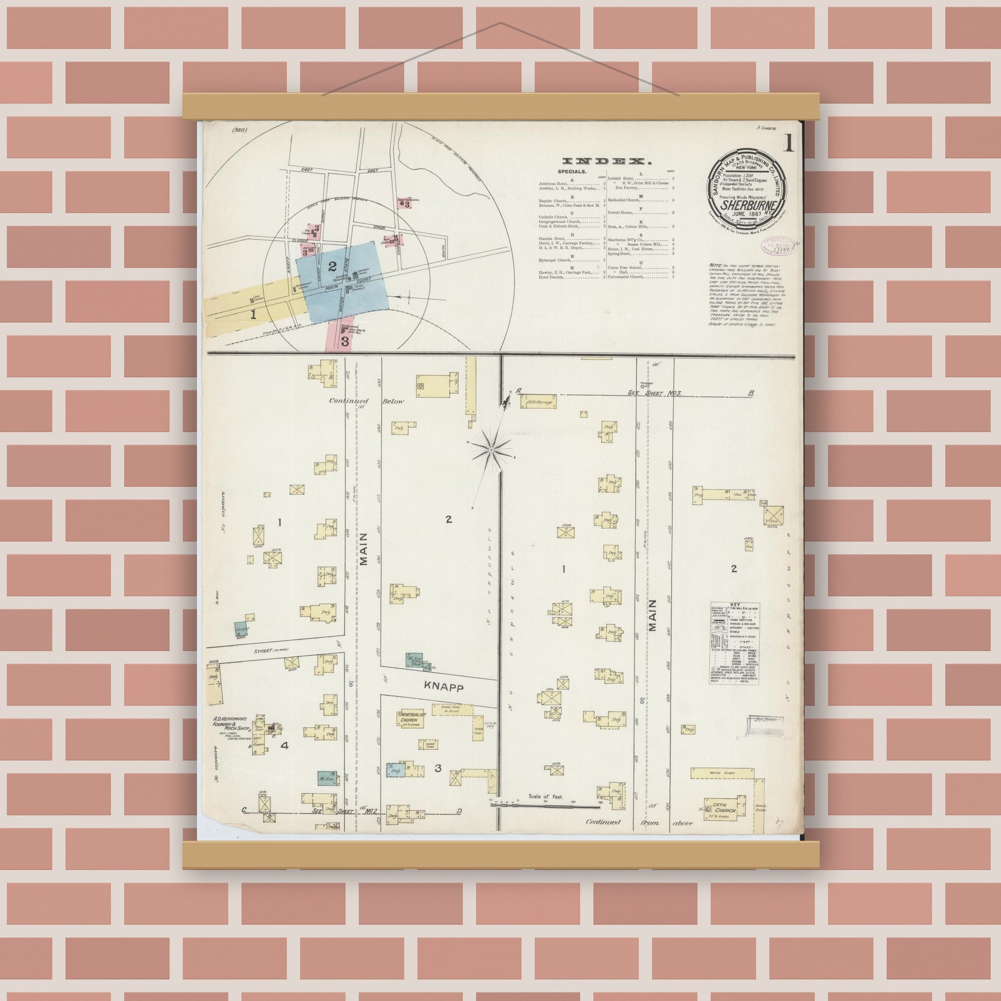 Old map wall art mockup — magnetic wood frame on brick wall — Sanborn Fire Insurance Map from Sherburne, Chenango County, New York (1887), Sheet #0001