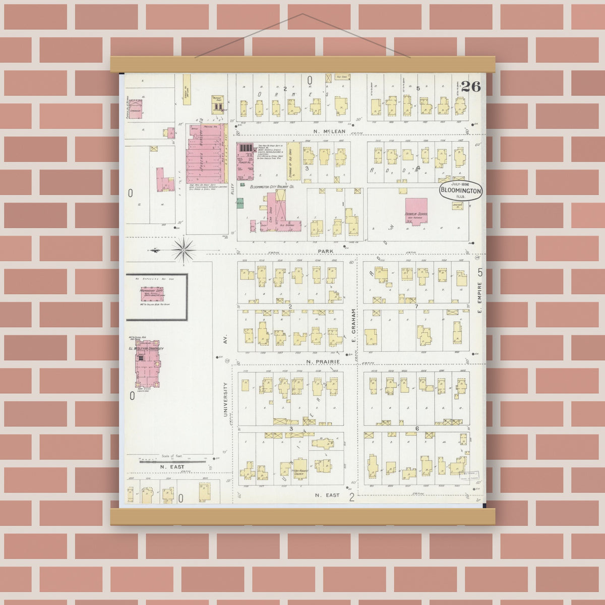 Old map wall art mockup — magnetic wood frame on brick wall — Sanborn Fire Insurance Map from Bloomington, McLean County, Illinois (1896), Sheet #0026
