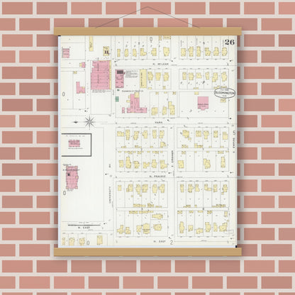 Old map wall art mockup — magnetic wood frame on brick wall — Sanborn Fire Insurance Map from Bloomington, McLean County, Illinois (1896), Sheet #0026