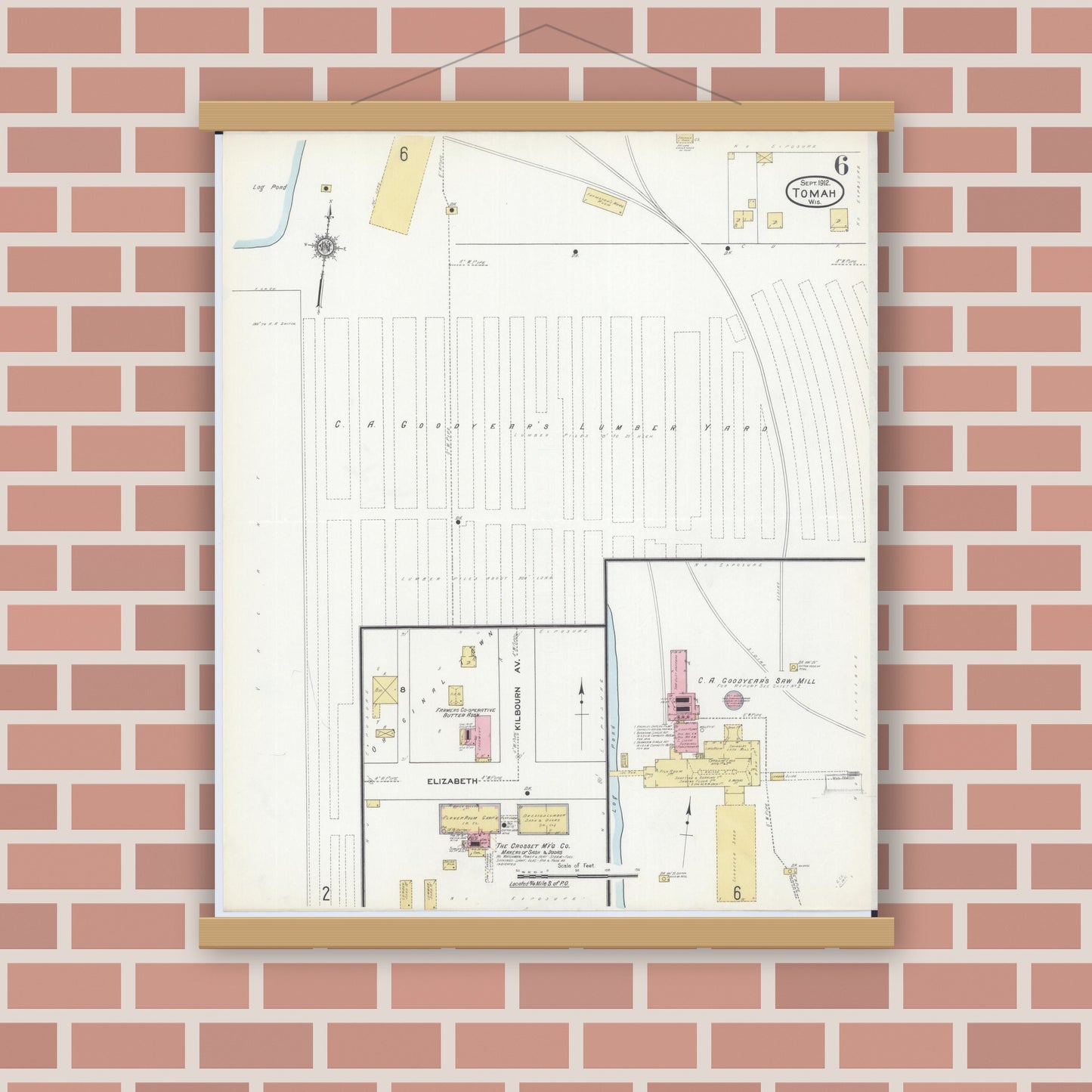 Old map wall art mockup — magnetic wood frame on brick wall — Sanborn Fire Insurance Map from Tomah, Monroe County, Wisconsin (1912), Sheet #0006