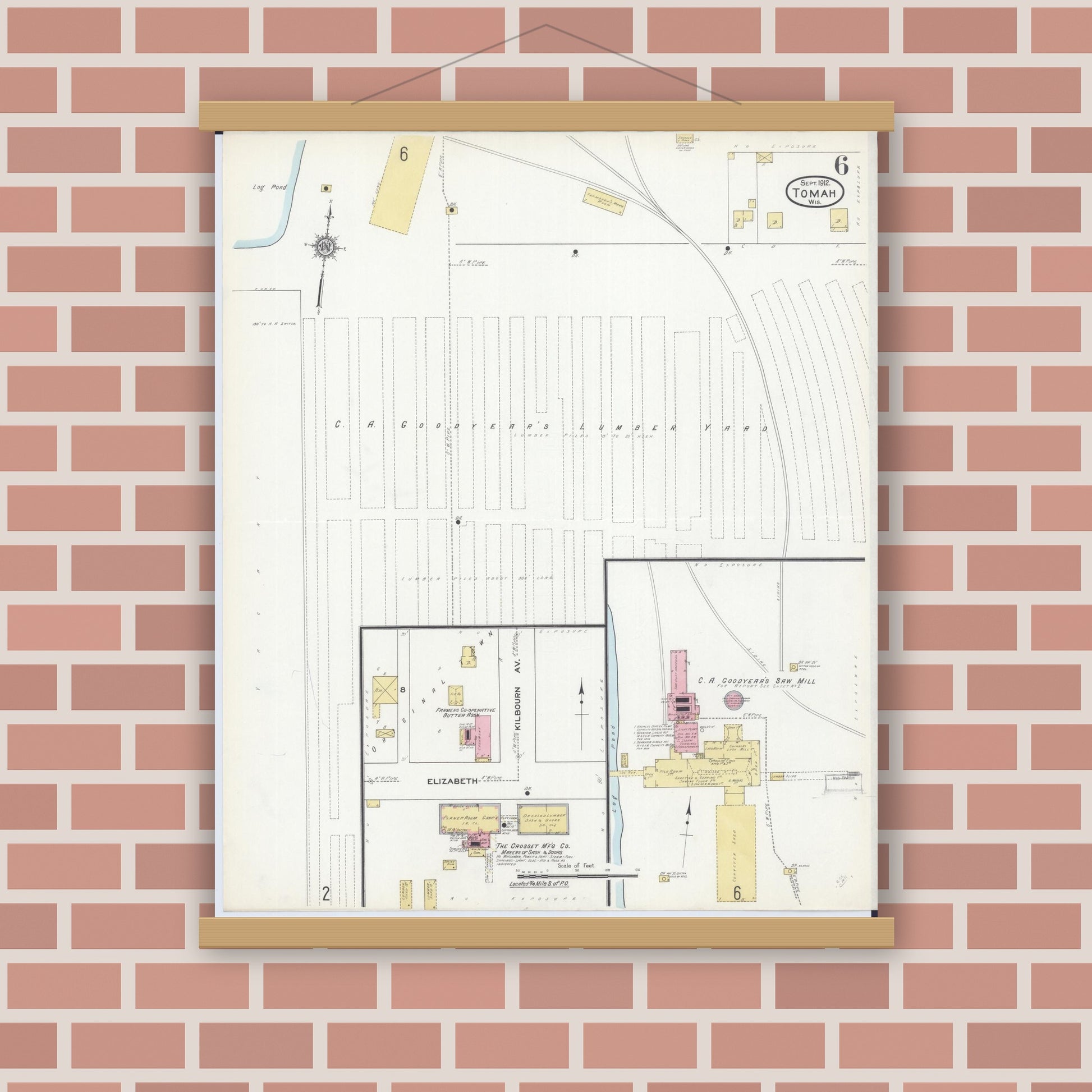 Old map wall art mockup — magnetic wood frame on brick wall — Sanborn Fire Insurance Map from Tomah, Monroe County, Wisconsin (1912), Sheet #0006