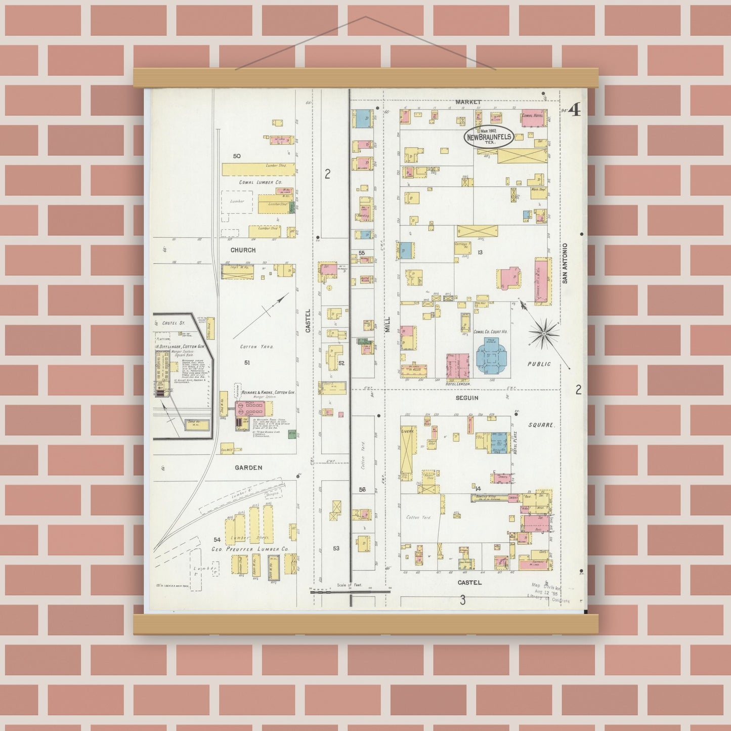 Old map wall art mockup — magnetic wood frame on brick wall — Sanborn Fire Insurance Map from New Braunfels, Comal County, Texas (1902), Sheet #0004