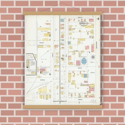 Old map wall art mockup — magnetic wood frame on brick wall — Sanborn Fire Insurance Map from New Braunfels, Comal County, Texas (1902), Sheet #0004