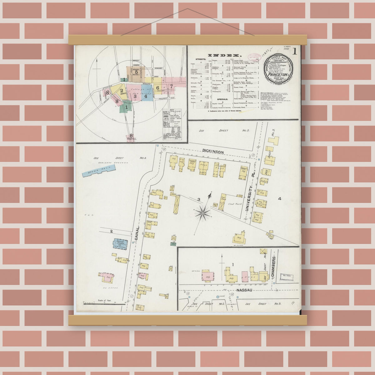 Old map wall art mockup — magnetic wood frame on brick wall — Sanborn Fire Insurance Map from Princeton, Mercer County, New Jersey (1890) - Complete Map Set