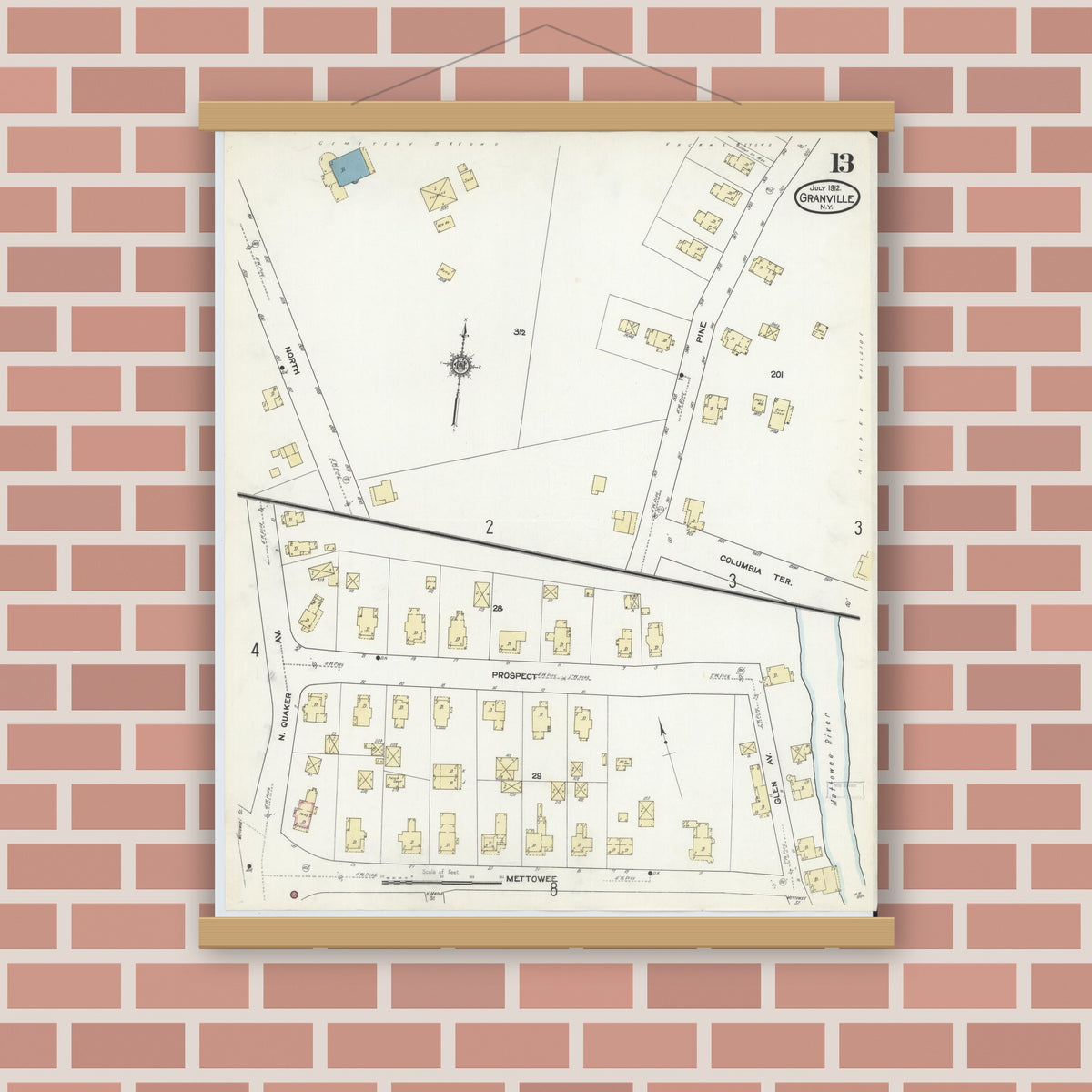Old map wall art mockup — magnetic wood frame on brick wall — Sanborn Fire Insurance Map from Granville, Washington County, New York (1912), Sheet #0013