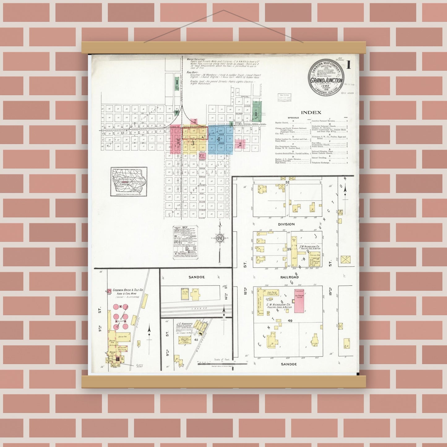 Old map wall art mockup — magnetic wood frame on brick wall — Sanborn Fire Insurance Map from Grand Junction, Greene County, Iowa (1918) â€” Complete Set