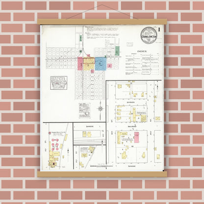 Old map wall art mockup — magnetic wood frame on brick wall — Sanborn Fire Insurance Map from Grand Junction, Greene County, Iowa (1918) â€” Complete Set