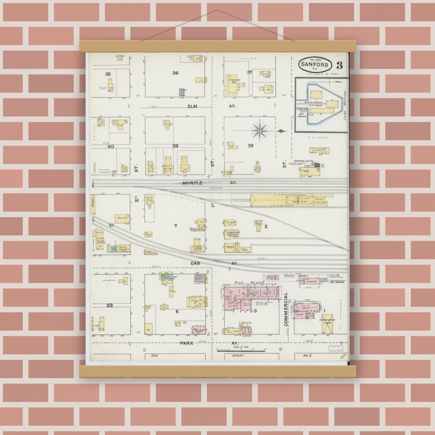 Old map wall art mockup — magnetic wood frame on brick wall — Sanborn Fire Insurance Map from Sanford, Seminole County, Florida (1890), Sheet #0003