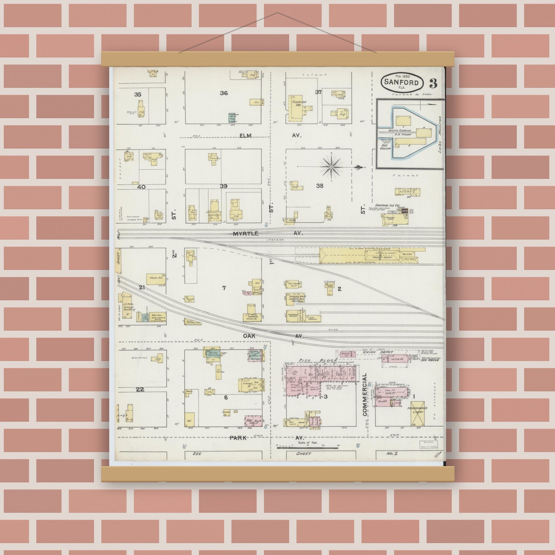 Old map wall art mockup — magnetic wood frame on brick wall — Sanborn Fire Insurance Map from Sanford, Seminole County, Florida (1890), Sheet #0003
