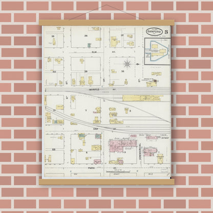 Old map wall art mockup — magnetic wood frame on brick wall — Sanborn Fire Insurance Map from Sanford, Seminole County, Florida (1890), Sheet #0003
