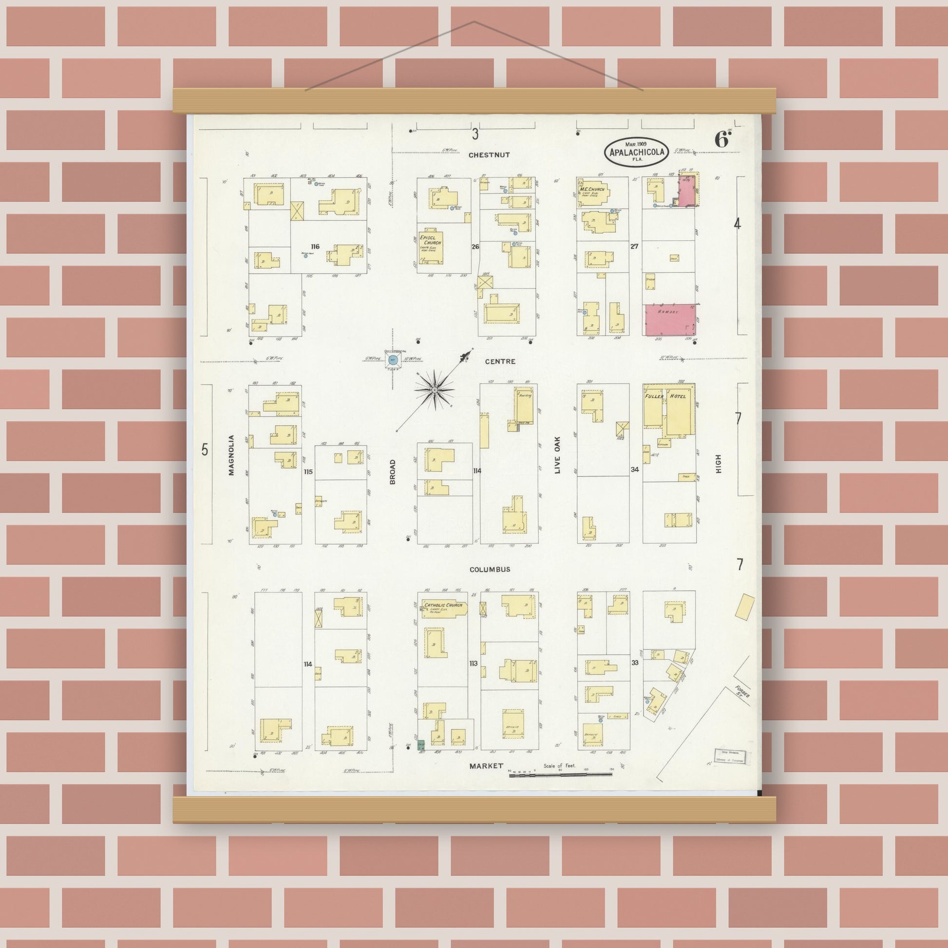 Old map wall art mockup — magnetic wood frame on brick wall — Sanborn Fire Insurance Map from Apalachicola, Franklin County, Florida (1909), Sheet #0006
