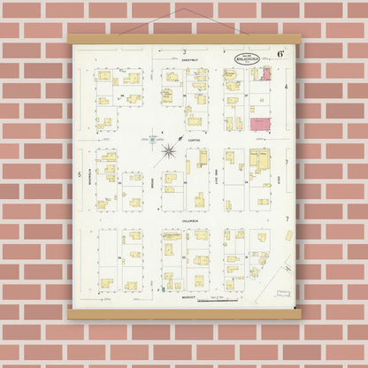 Old map wall art mockup — magnetic wood frame on brick wall — Sanborn Fire Insurance Map from Apalachicola, Franklin County, Florida (1909), Sheet #0006