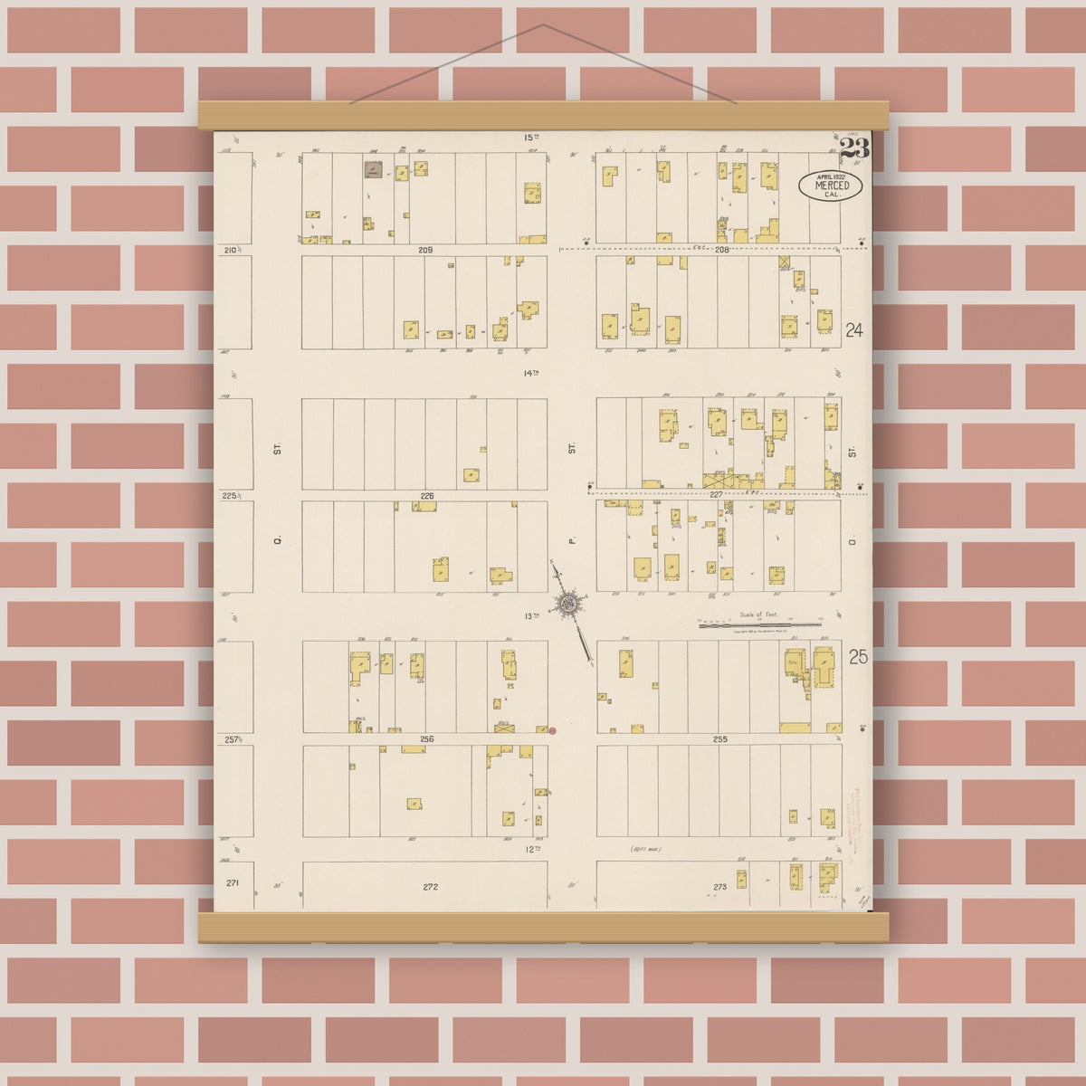 Old map wall art mockup — magnetic wood frame on brick wall — Sanborn Fire Insurance Map from Merced, Merced County, California (1922), Sheet #0023