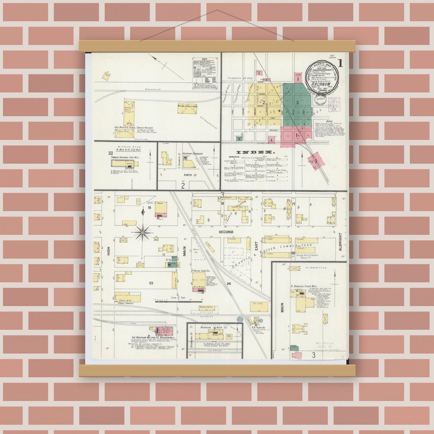 Old map wall art mockup — magnetic wood frame on brick wall — Sanborn Fire Insurance Map from Arcanum, Darke County, Ohio (1901), Sheet #0001