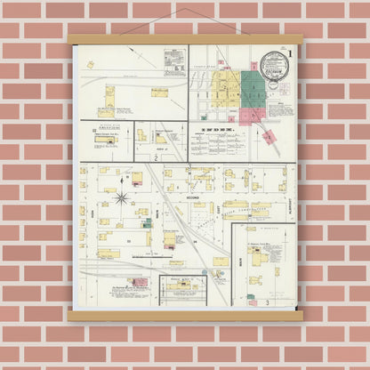 Old map wall art mockup — magnetic wood frame on brick wall — Sanborn Fire Insurance Map from Arcanum, Darke County, Ohio (1901), Sheet #0001