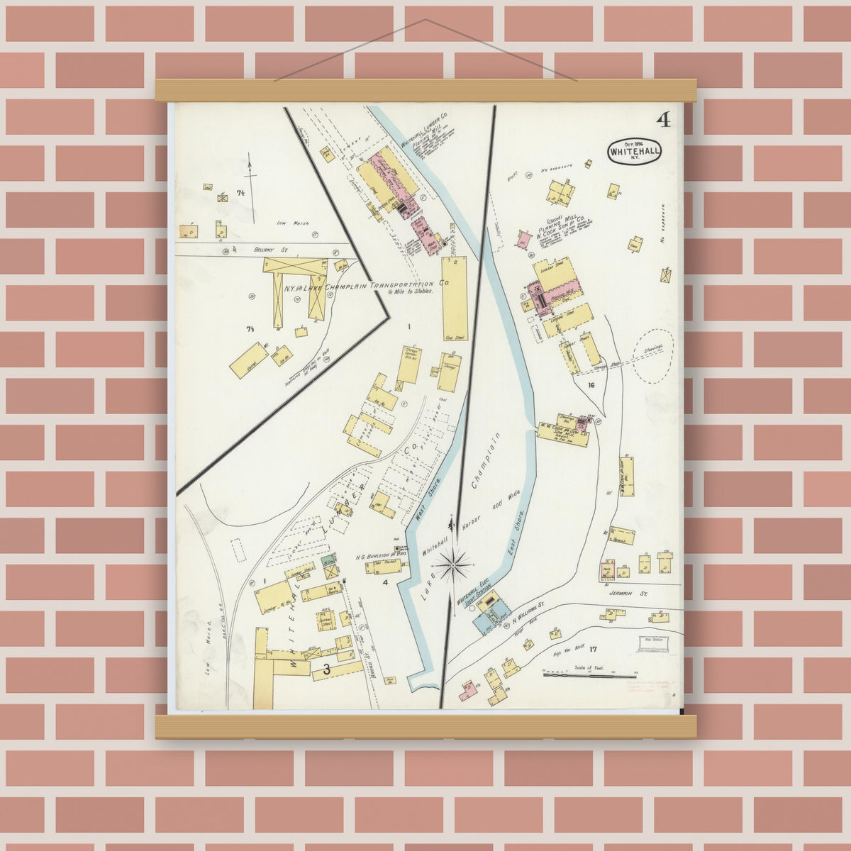 Old map wall art mockup — magnetic wood frame on brick wall — Sanborn Fire Insurance Map from Whitehall, Washington County, New York (1896), Sheet #0004
