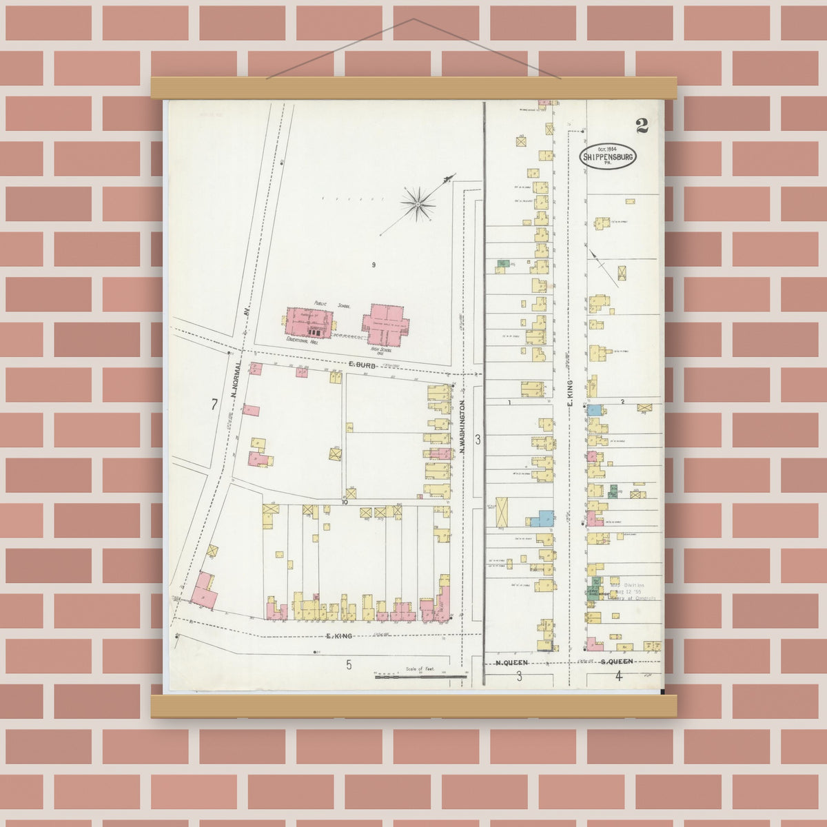 Old map wall art mockup — magnetic wood frame on brick wall — Sanborn Fire Insurance Map from Shippensburg, Cumberland And Franklin Counties, Pennsylvania (1904), Sheet #0002