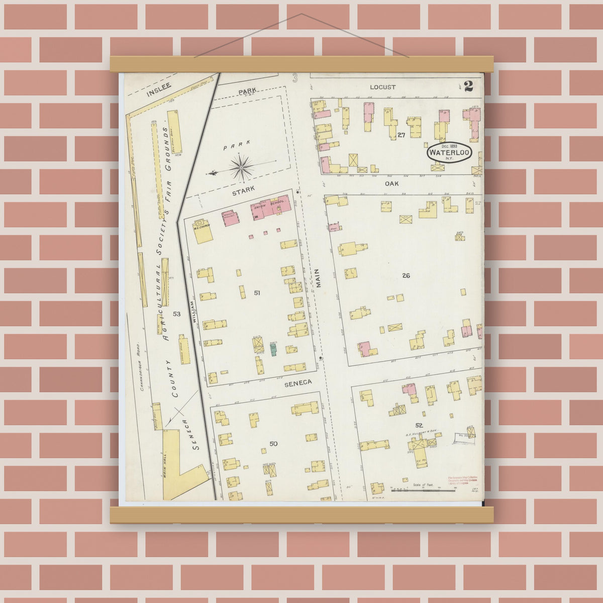 Old map wall art mockup — magnetic wood frame on brick wall — Sanborn Fire Insurance Map from Waterloo, Seneca County, New York (1893), Sheet #0002