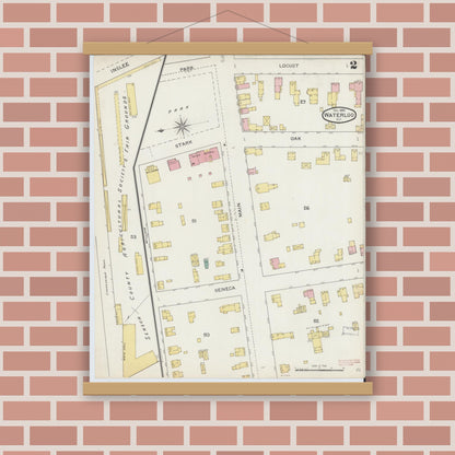 Old map wall art mockup — magnetic wood frame on brick wall — Sanborn Fire Insurance Map from Waterloo, Seneca County, New York (1893), Sheet #0002