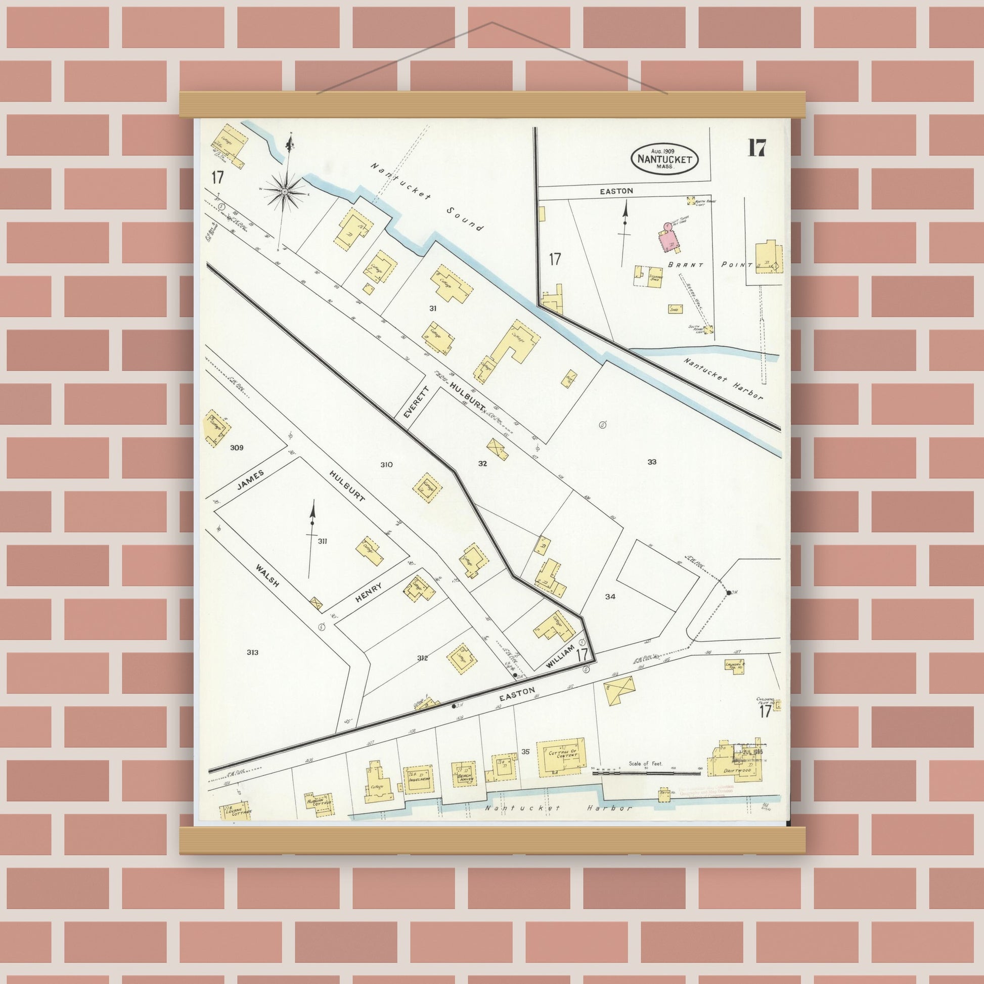 Old map wall art mockup — magnetic wood frame on brick wall — Sanborn Fire Insurance Map from Nantucket, Nantucket County, Massachusetts (1909), Sheet #0017