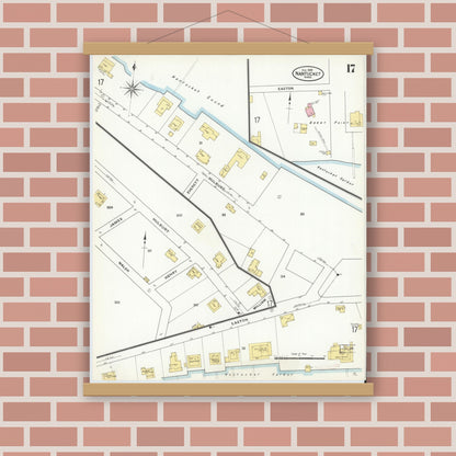 Old map wall art mockup — magnetic wood frame on brick wall — Sanborn Fire Insurance Map from Nantucket, Nantucket County, Massachusetts (1909), Sheet #0017