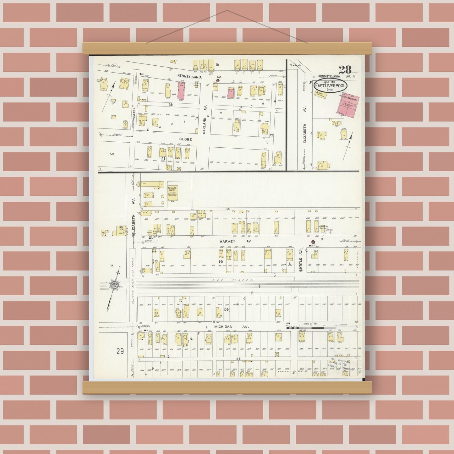 Old map wall art mockup — magnetic wood frame on brick wall — Sanborn Fire Insurance Map from East Liverpool, Columbiana County, Ohio (1913), Sheet #0028