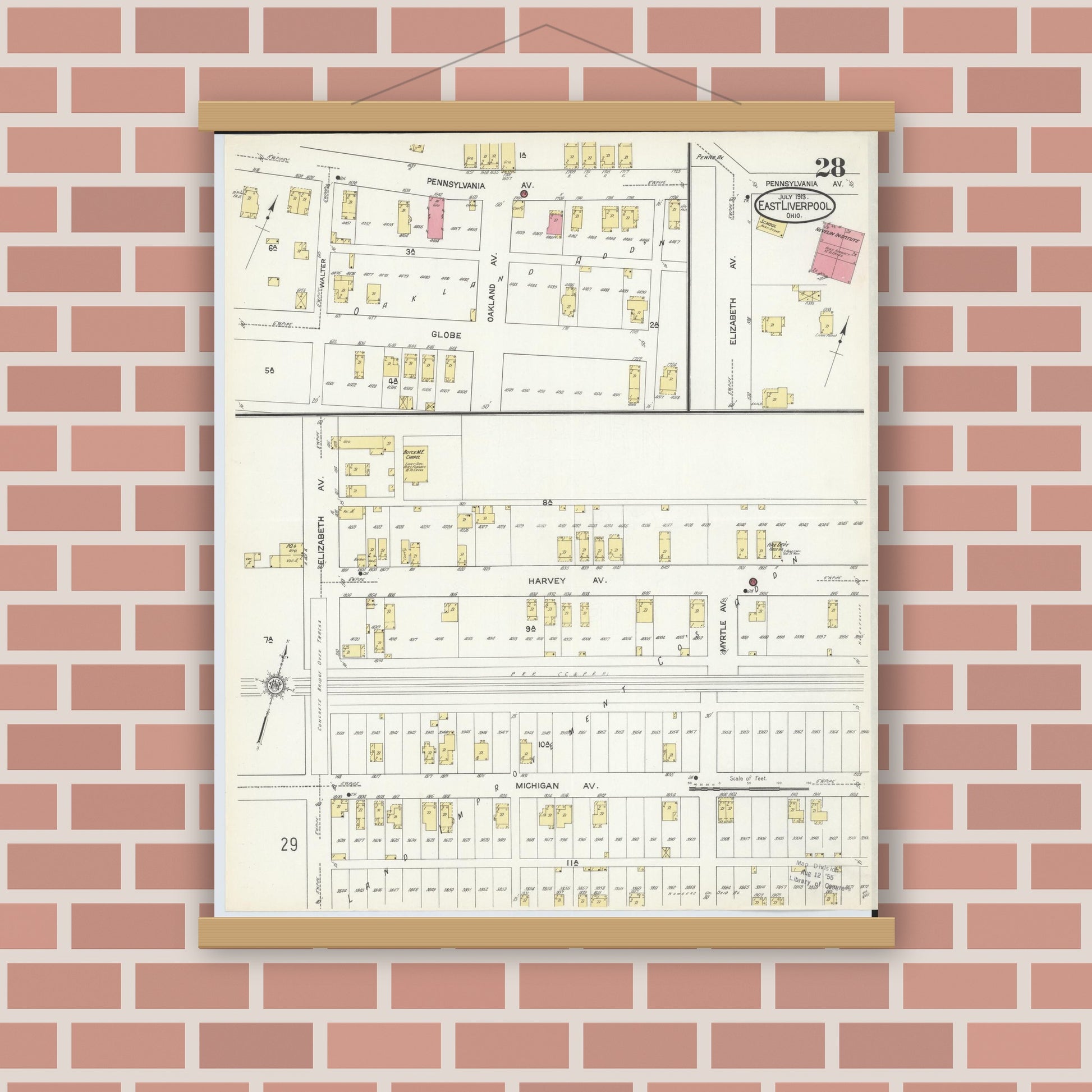 Old map wall art mockup — magnetic wood frame on brick wall — Sanborn Fire Insurance Map from East Liverpool, Columbiana County, Ohio (1913), Sheet #0028