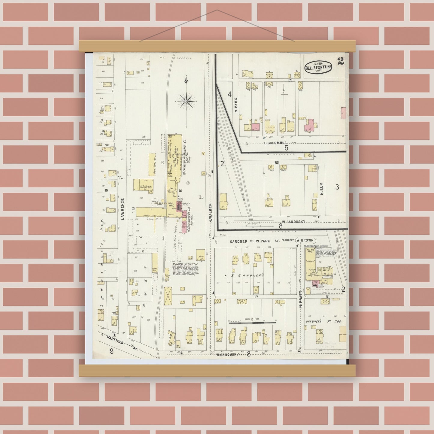 Old map wall art mockup — magnetic wood frame on brick wall — Sanborn Fire Insurance Map from Bellefontaine, Logan County, Ohio (1896), Sheet #0002