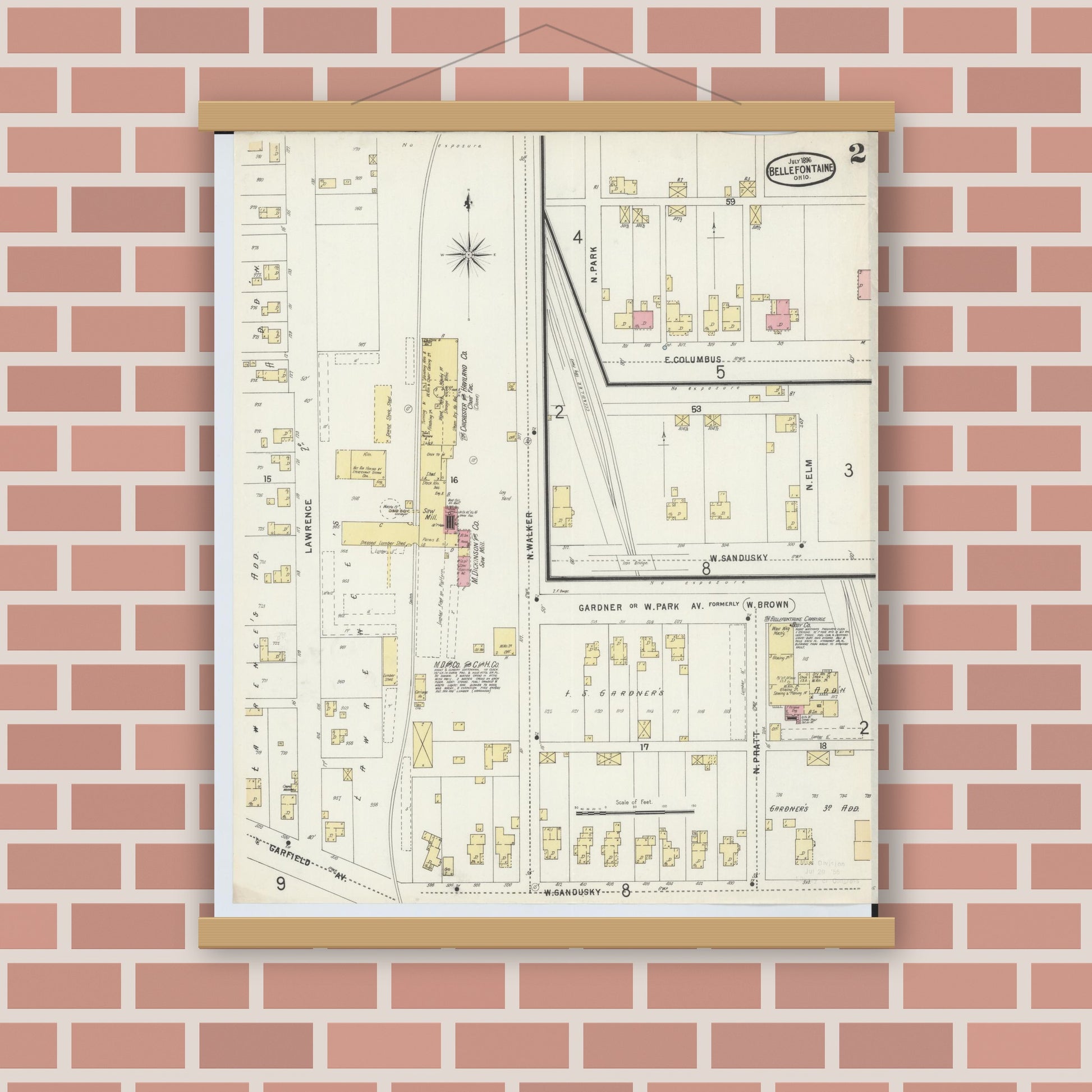 Old map wall art mockup — magnetic wood frame on brick wall — Sanborn Fire Insurance Map from Bellefontaine, Logan County, Ohio (1896), Sheet #0002