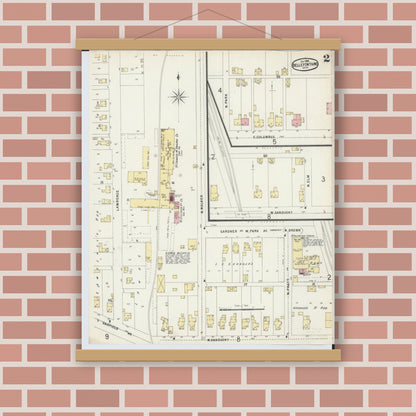 Old map wall art mockup — magnetic wood frame on brick wall — Sanborn Fire Insurance Map from Bellefontaine, Logan County, Ohio (1896), Sheet #0002