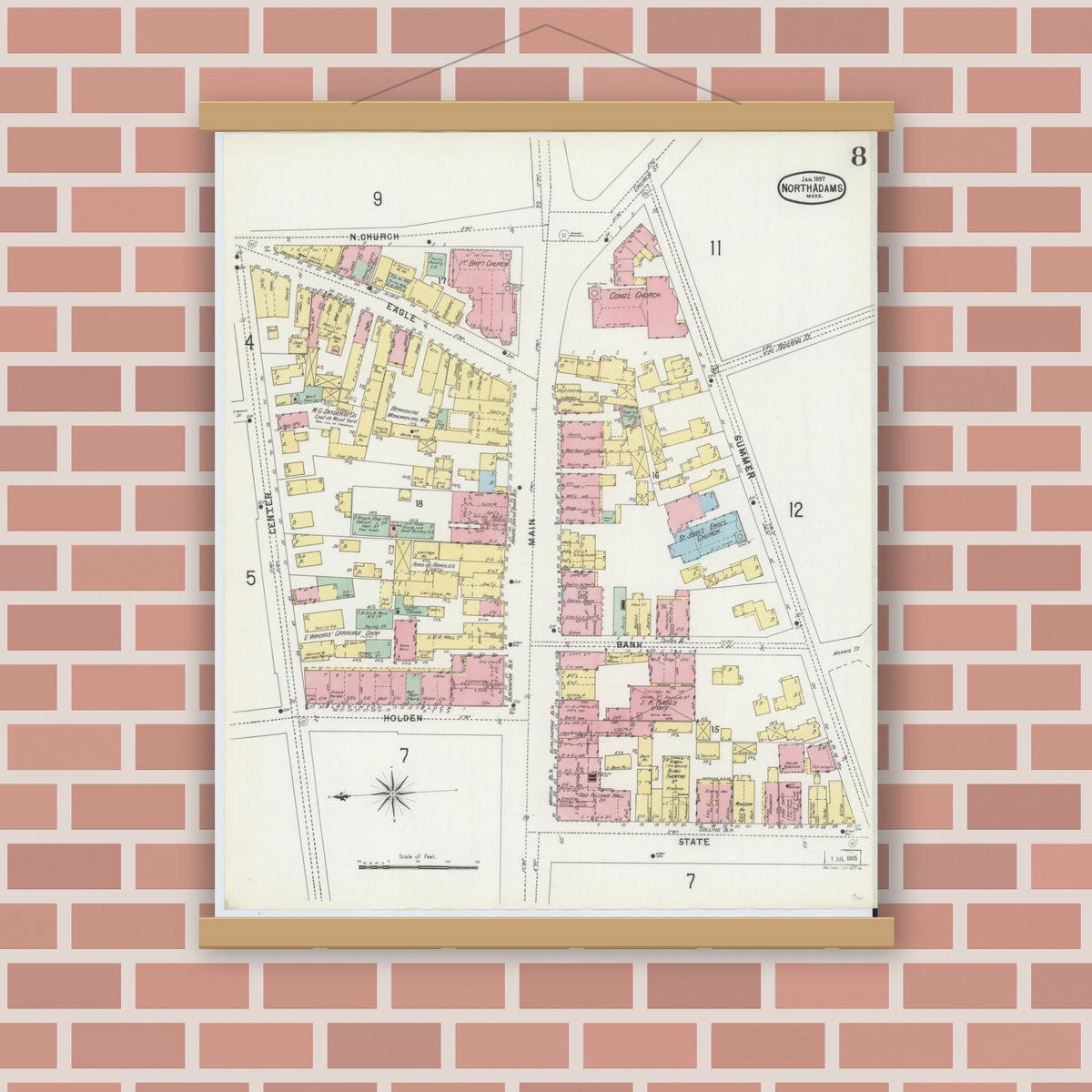 Old map wall art mockup — magnetic wood frame on brick wall — Sanborn Fire Insurance Map from North Adams, Berkshire County, Massachusetts (1897), Sheet #0008