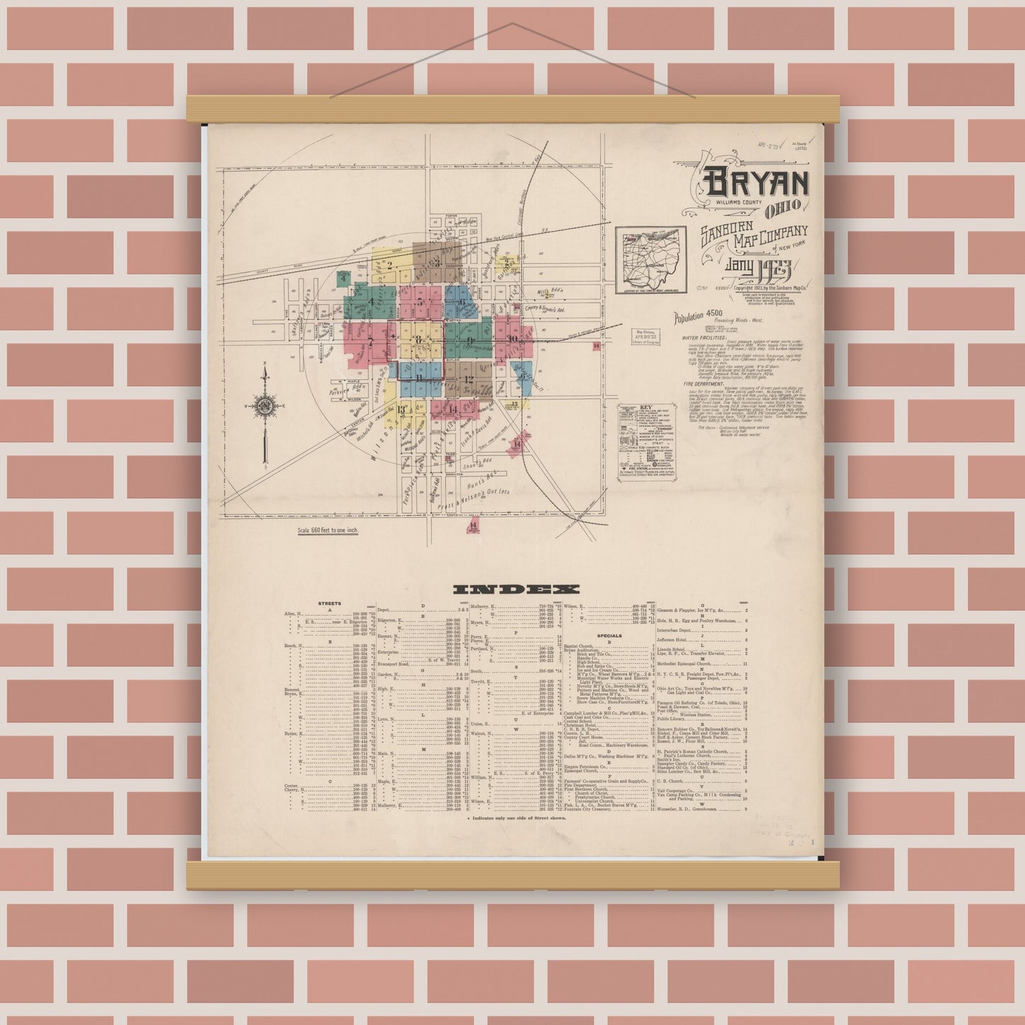 Old map wall art mockup — magnetic wood frame on brick wall — Sanborn Fire Insurance Map from Bryan, Williams County, Ohio (1923) - Complete Map Set