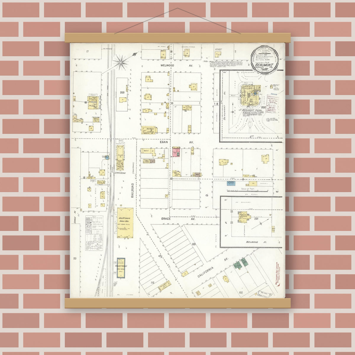 Old map wall art mockup — magnetic wood frame on brick wall — Sanborn Fire Insurance Map from Beaumont, Riverside County, California (1900), Sheet #0001