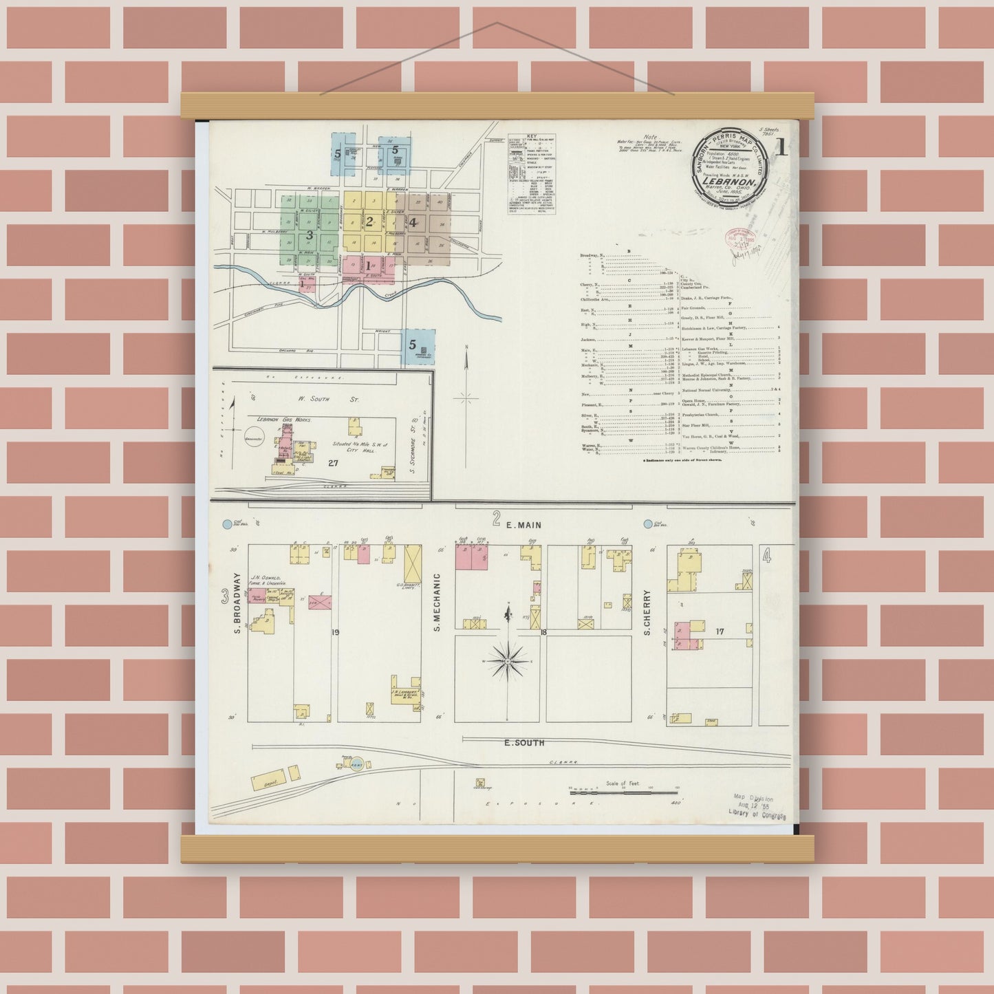 Old map wall art mockup — magnetic wood frame on brick wall — Sanborn Fire Insurance Map from Lebanon, Warren County, Ohio (1895) - Complete Map Set