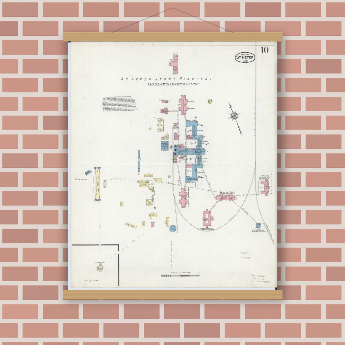 Old map wall art mockup — magnetic wood frame on brick wall — Sanborn Fire Insurance Map from Saint Peter, Nicollet County, Minnesota (1914), Sheet #0010