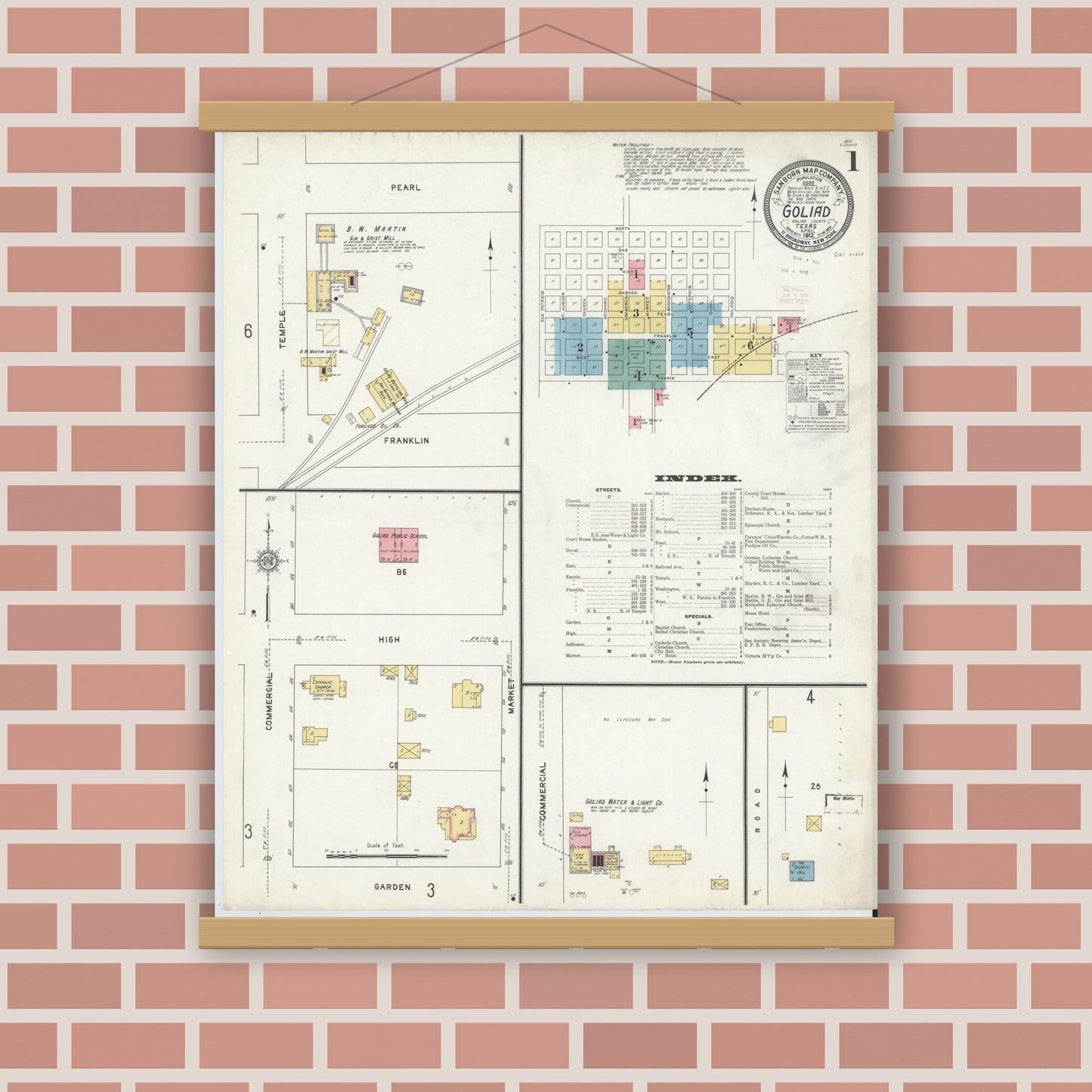 Old map wall art mockup — magnetic wood frame on brick wall — Sanborn Fire Insurance Map from Goliad, Goliad County, Texas (1912), Sheet #0001