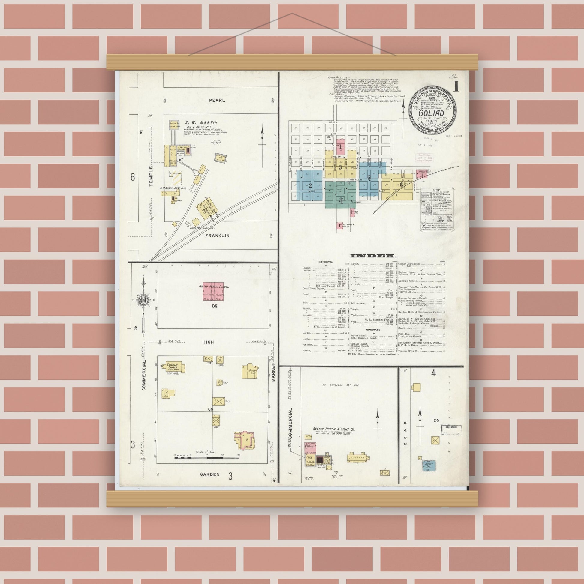 Old map wall art mockup — magnetic wood frame on brick wall — Sanborn Fire Insurance Map from Goliad, Goliad County, Texas (1912), Sheet #0001